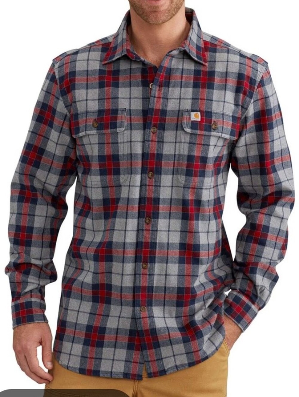 Carhartt 2XL Hubbard Plaid Button-Down Shirt in Gray, Red & Navy